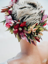 Load image into Gallery viewer, Backside view of a woman in bleached short hair wearing a tropical haku lei handmade by SF.Fleur

